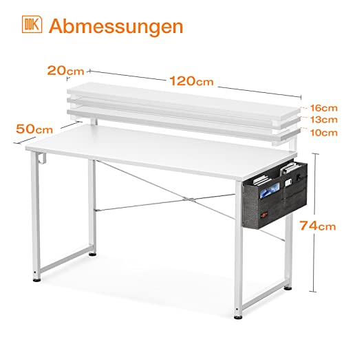 ODK Schreibtisch Weiß mit Monitorständer Höhenverstellbar, 120x50x74cm Computertisch mit Aufbewahrungstasche, PC Tisch mit Kopfhörer Halter, Kleiner Bürotisch Officetisch für Home Office - 3