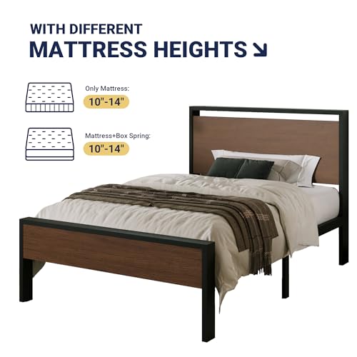 Image of Allewie Twin Size Bed Frame, Heavy Duty 12 Metal Slats Support, Walnut | Wooden Headboard and Footboard, Modern Platform Bed, No Box Spring Needed, Under-Bed Storage, Noise Free, Easy Assembly