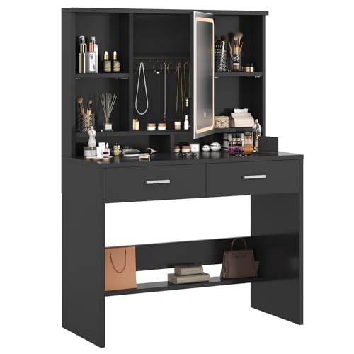 Airfish Tocador de Maquillaje con Espejo y Luces LED, 3 Colores Brillo Ajustable, Mesa de Maquillaje con Espacio para Joyas, Estantes Ajustables,9 Ganchos y 2 Cajones, 90x40x135,8 CM Moderno, Negro