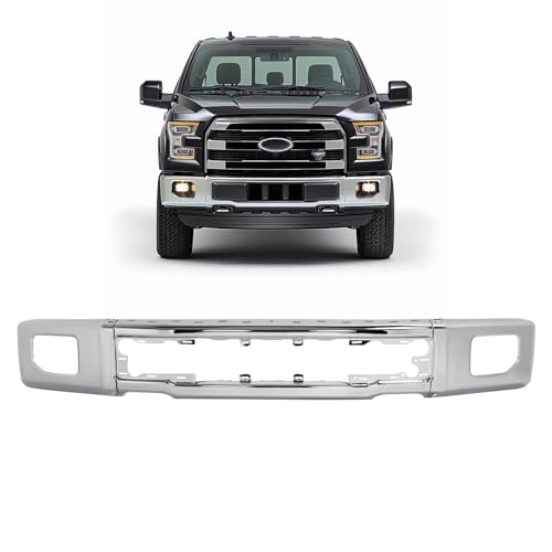 KUAFU Front Bumper Face Bar Compatible with 2015-2017 Ford F-150 Replacement for FO1002422 FL3Z17757A Steel Chrome Silvery With Fog Light Holes