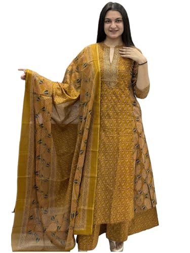 Image of GoSriKi Kurta Sets for Women Viscose Blend Printed | Kurti Set for Woman | Kurta Palazzo Dupatta Set | A Line Kurti | Mandarin Collar 3 /4 Sleeve Suit Set for Women Stylish Ethnic Outfit