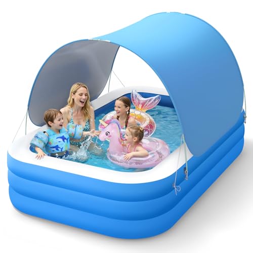 MoKo Inflatable Swimming Pool with Canopy, 102 × 65 × 23 Large Above Ground Blow Up Pool with Shade for Adults Kids Kiddie Toddler, Big Foldable Family Pools for Backyard Garden, Blue-White