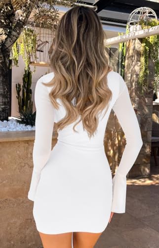 GOBLES Women's Sexy Long Sleeve Deep V Neck Drawstring Bodycon Mini Cocktail Party Dress3