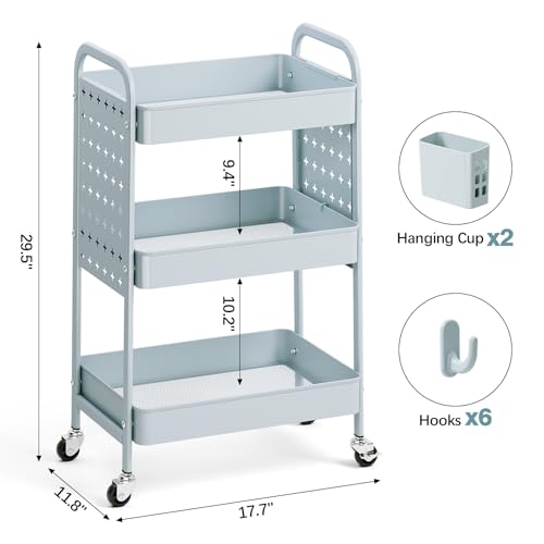 Image of KINGRACK 3 Tier Rolling Cart with DIY Hanging Board, Metal Rolling Utility Cart with Wheels Handles Baskets Hooks, Rolling Storage Cart Suitable for Bathroom, Kitchen, Office, Nursery Diaper (Green)