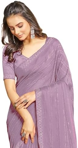 Satrani Women's Chiffon Dyed & Hot Fixing & Zari Saree with Unstitched Blouse Piece