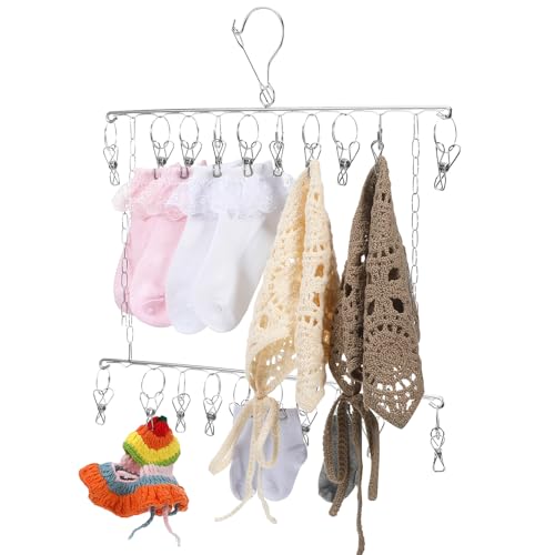 LOLIPPYY 折りたたみ式段洗濯物干しラック ステンレス製クリップ付き 丈夫で厚手衣類対応 室内外兼用省スペース設計 小型アパート向け