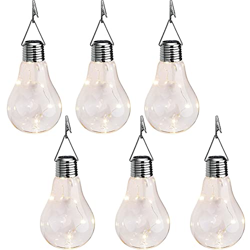 Lot de 6 lampes solaires d'extérieur à suspendre avec 6 ampoules LED en fil de cuivre étanches avec clip pour la maison, la terrasse, le jardin, la cour et la pelouse Blanc chaud