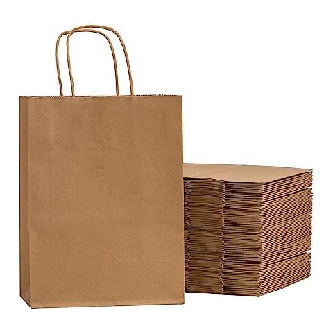 RACETOP Brown Paper Bags with Handles Bulk 100Pcs 8x4.5x10.8 Inch Gift Bags Bulk, Brown Kraft Paper Bags, Retail Bags, Party Bags, Shopping Bags, Favor Bags Cover