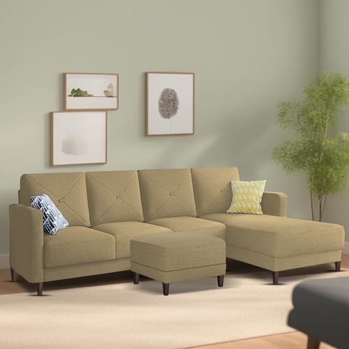 Image of Baloney RHS 6 Seater L Shape Sofa Set with Center Table for Living Room (Cream Fabric) Premium Fabric Sofa