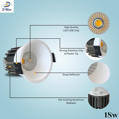 Image of D'Mak 18W White Body LED Deep COB Light | Recessed LED Ceiling Light for Indoor Lighting (Warm White, Pack of 5)