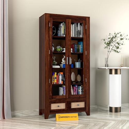 Image of Solid Sheesham Wood Book Cabinet with Acrylic Glass Doors | Rosewood Display Storage Unit with Shelves & Drawers for Home & Office | Louge (B-Walnut)