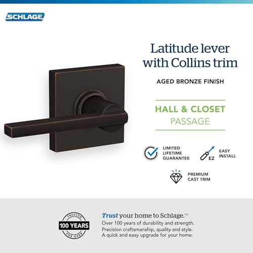 Image of Schlage Latitude Hall /Closet Passage Door Handle, Reversible, Aged Bronze | Hall or closet lever door handle with no lock, Easy to install, Certified durability, Universal fit