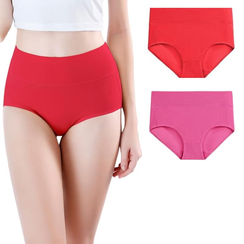 glamoras Women's Regular Cotton Spandex Underwear Tummy Control High Waist Ladies Panties Full Coverage Seamless Briefs | Free Size Soft Breathable Ladies Panties - Pack of 2 Pink Red-picture-20