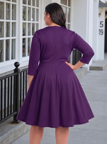 Image of Womens Plus Size Dresses Faux Wrap Summer Dress 3 /4 Sleeves V Neck 1950s Retro Vintage Wedding Party Midi Dress