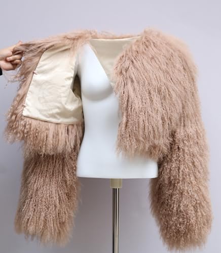 Women's Genuine Mongolian Fur Coat Fluffy Cropped Jacket Shaggy Outwear Long Sleeve Warm Winter4