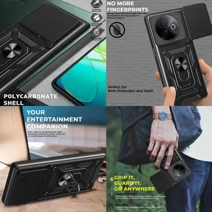 Image of SPAZY CASE Vivo Y39 Back Cover | Heavy Duty Hybrid Case with 360 Degree Rotating Finger Ring Holder + Slider Shutter Camera Protection Case for Vivo Y39 - Black