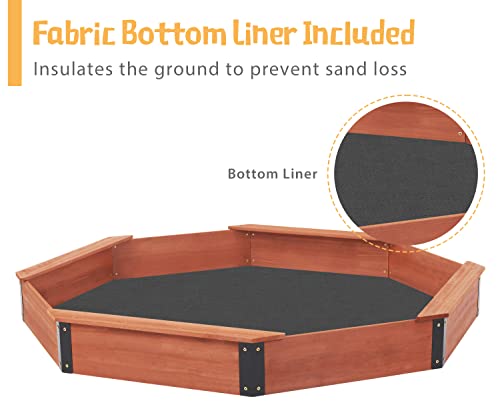 85''X78''X9'' Octagon Sandbox With Cover For Kids Outdoor Play, Wood Large Sandpit With 4 Benches, Quick Easy Install #TOP4