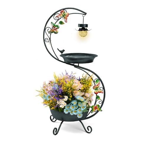 Bird Bath for Outside with Solar Lamp, 36" Birdbaths for Outdoors with Planter Flower Pot, Metal Bird Bath Bowl for Garden Yard Decor (All Blue Green)
