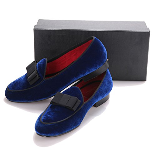 FERUCCI Handmade Blue Men Velvet Slippers Loafers with Black Bow3