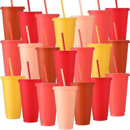 Honeydak 30 Pack Plastic Cups with Lids Straws,Fall Color