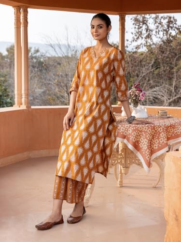 Image of FIORRA Women's Mustard Cotton Printed Straight-Cut Kurta Set