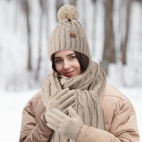 Women Winter Knit Warm Hat Beanie Gloves Set Pom Fleece Lined Hat with Touchscreen Gloves4