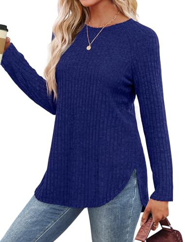 Image of Saloogoe Long Sleeve Shirts for Women 2025 Fall Clothes Tunic Tops Loose Fit Dressy Crewneck Pullover Sweaters Curved Hem
