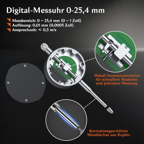 BOBOVAV Digitale Messuhr 0-25.4mm/1’’ Digital Messuhr Messtaster mit LCD-Display, mm/zoll umschaltbar, 0.01mm Auflösung Digital Dial indicator Messgerät für Mechanik Labor 3D Drucker Werkstatt
