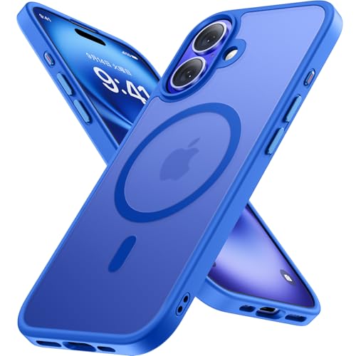 Miracase iphone 16 ケース【Magsafe対応・MIL米軍規格】あいふおん16ケース 6.1インチ 耐衝撃iphone16 ケース、傷防止、落下耐性、指紋防止、黄ばみ防止、ストラップホール付き、薄くて肌に優しいデザイン、金属ボタン、マット、フロスト、半透明、青の商品画像（Amazon）