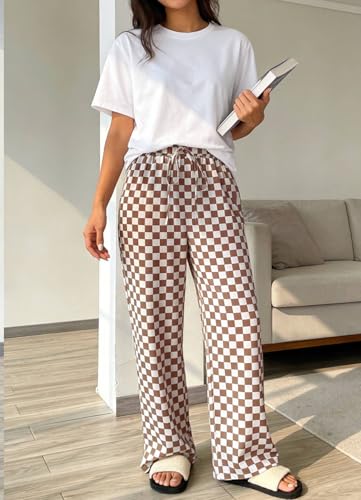 Image of Women's Casual Checkered Pants Drawstring Elastic Waist Comfy Loose Straight Wide Leg Plaid Pants with Pockets