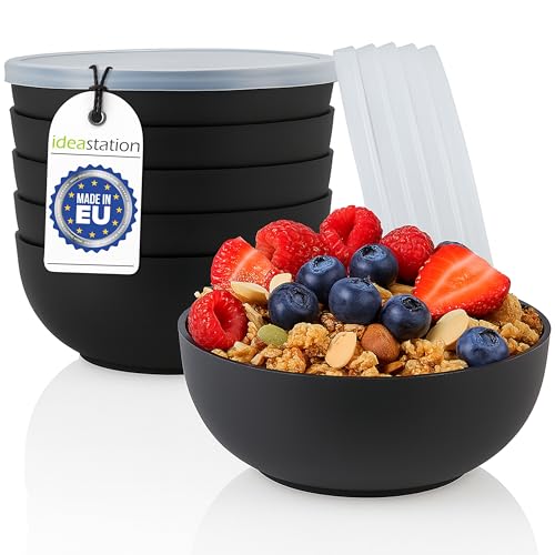 idea-station Bols à céréales avec couvercle, 6 pièces - 14 cm / 500 ml - noir mat - bols en plastique incassables - bols ensemble pour cornflakes et camping