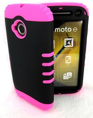 Motorola Moto E 2nd Gen 4G LTE Cover Case Black with Pink Shock Resistant Hybrid