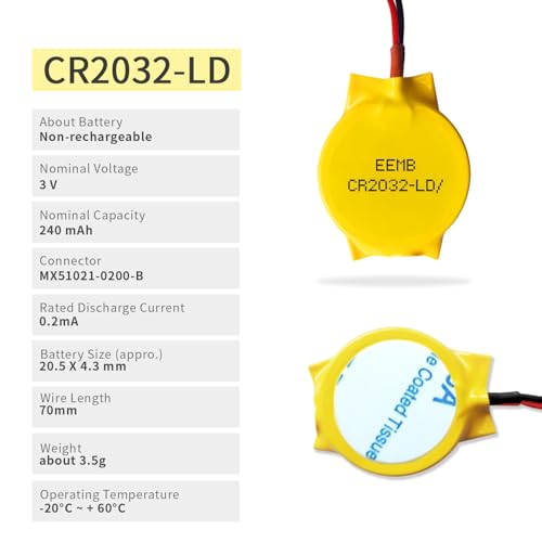 EEMB 3V CR2032 CMOS Battery with 2 Pin Wires Leads MOLEX 1.25mm Connector Laptop Replacement Battery for Alienware M11 Dell E6520 Thinkpad T40-confirm device & connector polarity before purchase!!!