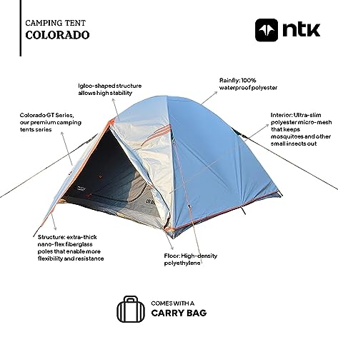 NTK Colorado GT 3 to 4 Person Outdoor Dome Family Camping Tent, Silver Rainfly, 100% Waterproof 2500mm, Easy Assembly, Durable Fabric Full Coverage Rainfly - Micro Mosquito Mesh