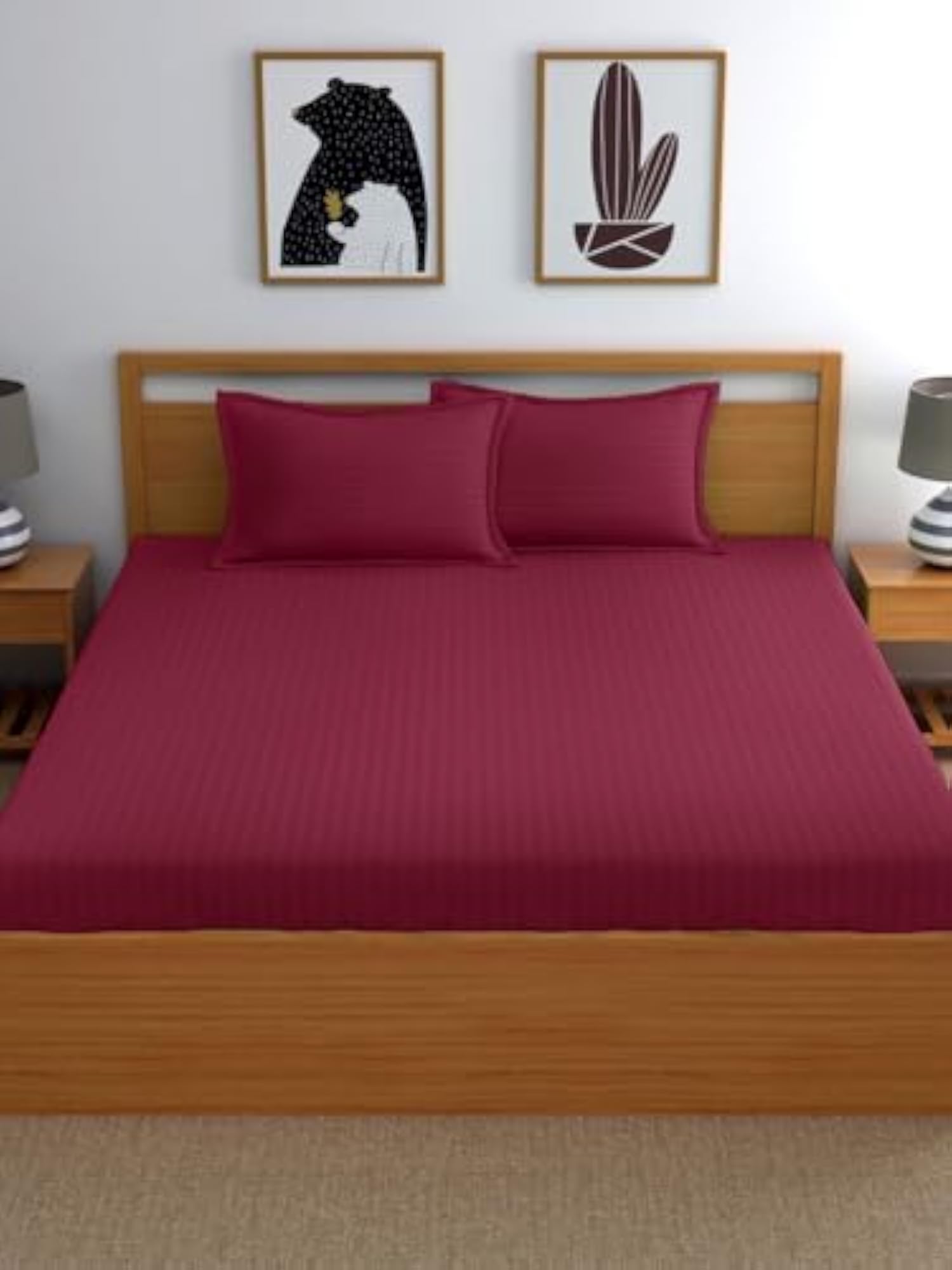Satin Striped Fitted Bedsheet for Double Bed with 2 Pillow Covers