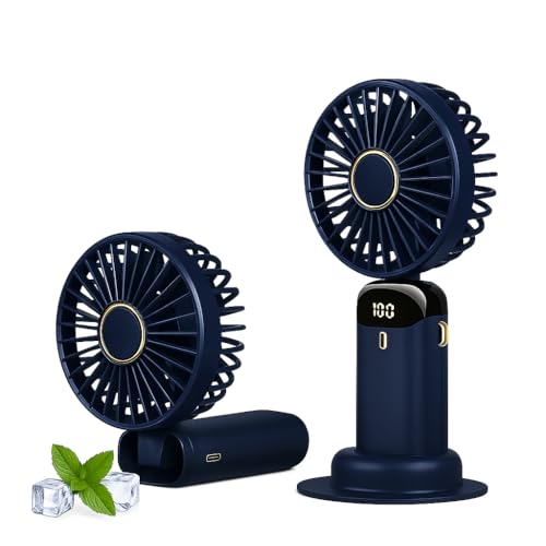 Générique Ventilateur USB Bleu Rechargeable Portable, LUMEYA, Mini Ventilateur de Bureau à Main, 5 Vitesses avec Base, Affichage LED, Silencieux, Pliable, (Bleu foncé)