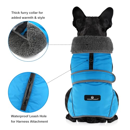 Image of Dogcheer Dog Coat, Waterproof Dog Jacket Reflective Pet Winter Coat with Adjustable Hook & Loop, Christmas Puppy Fleece Jacket Warm Turtleneck Snowsuit for Small Medium Large Dogs - Sky Blue, S