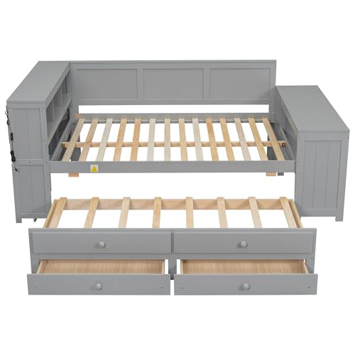 Ball & Cast Full Size Daybed with Trundle,Wood L-Shaped Platform Bed w/Storage Shelves & Drawers,Space-Saving Bedroom Furniture,Charging Station,LED Light,Desk and Cabinet,for Dorm,Apartment,Gray by Ball & Cast - Used condition - Image 5
