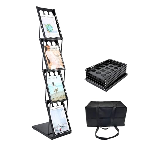 Image of Metal Catalogue Stand - Portable Black Magazine, Brochure, and Leaflet Display Rack with Floor & Hanging Shelves, Multi-Purpose Organizer for Office, Exhibitions, and Showrooms