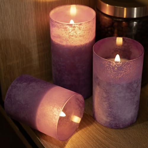 Image of Purple Flameless Candles With Remote LED Battery Operated Pillar Candles | Sea Salt Glass Design, Realistic Flicker, 10-Key Remote With Timer & Brightness Control For Fireplace, Home & Holiday Decor