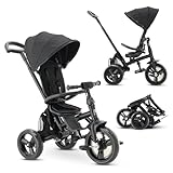 Deryan Explorer Triciclo 9 Meses a 25 kg - Evolutivo, Bicicleta Sin Pedales, Bicicleta Bebe, Plegable, para Niños, Asiento Reversible, Capota con protección Solar, Cesta, Arnés de 5 Puntos - Negro