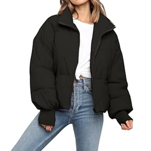 Women’s Winter Cropped Puffer Jacket Coat Casual Quilted Baggy Long Sleeve Zip Down Jackets Outerwear