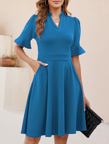 Image of Mokayee Womens Summer V Neck Ruffle Short Sleeve Fit and Flare Knee Length Church Wedding Guest Dresses with Pockets