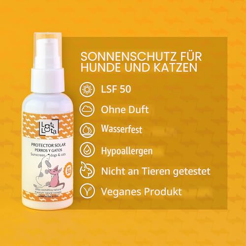 LOTI LOTA Sonnenschutz 50 für Hunde und Katzen – 60 ml – maximaler Sonnenschutz – wasserbeständig – spendet Feuchtigkeit und schützt – pH-neutral