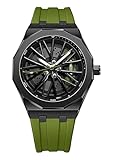 Men’s Fashion Racing Wheel Design Watch Creative 3D Spinning Car Wheel Rotating Luminous Quartz Watches 30M Waterproof Sports Wristwatch with Rubber Strap (Green)