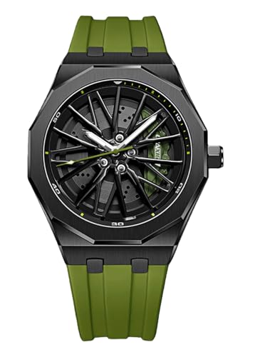 Image of Gosasa Men’s Fashion Racing Wheel Design Watch Creative 3D Spinning Car Wheel Rotating Luminous Quartz Watches 30M Waterproof Sports Wristwatch with Rubber Strap, Green, Vintage