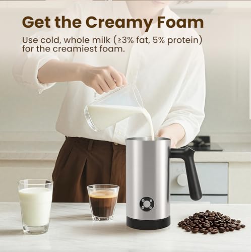Image of Milk Frother, 4-in-1 Milk Frother and Steamer, 10.6oz Electric Milk Steamer, Automatic Cold and Hot Foam maker for Lattes, Cappuccinos, Ceramic Lining Interior, Brushed