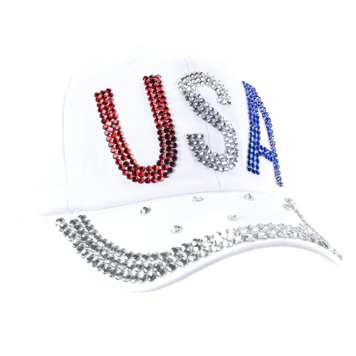 Image of Bling Rhinestone Hats, USA Design Men Womens Baseball Cap Golf Hat Jeans Wash Denim Adjustable (White)