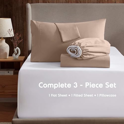 Image of Nestl Twin Bed Sheet Set - Taupe - 3-Piece Deep Pocket | Instantly Soft, Night-One Ready (No Wash Required). Fits 16-Inch Deep Pockets, 360-Degree Elastic Grip