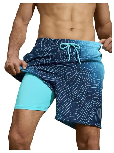 OYOANGLE Men's 2 in 1 Mens Swim Trunks 7 Inch Swimming Shorts Swim Suits Board Shorts with Pockets